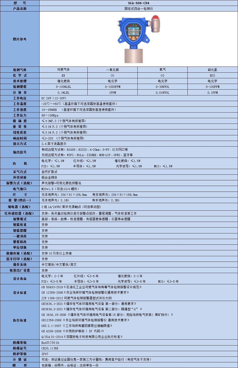 固定式四合一氣體檢測(cè)儀技術(shù)參數(shù)表